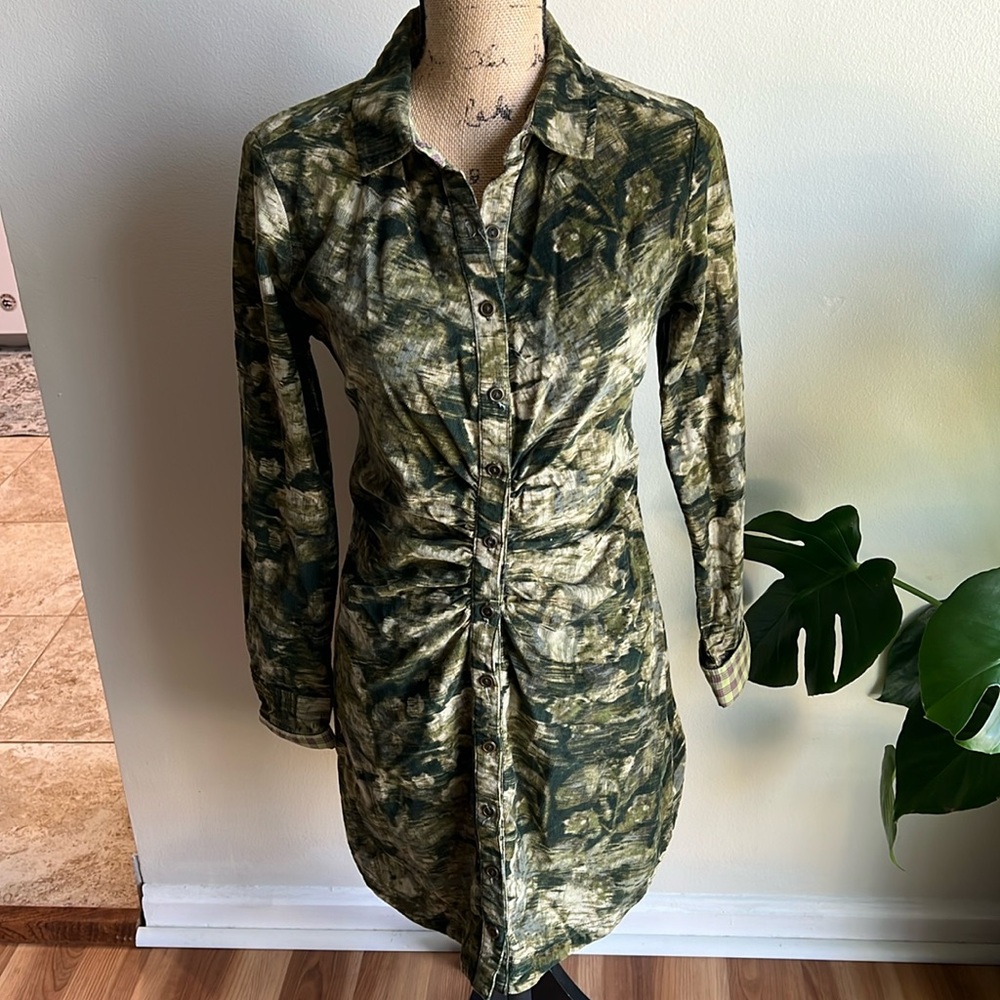 Anthropologie Pilcro Ruched Corduroy Shirt Dress Button Front Green Print